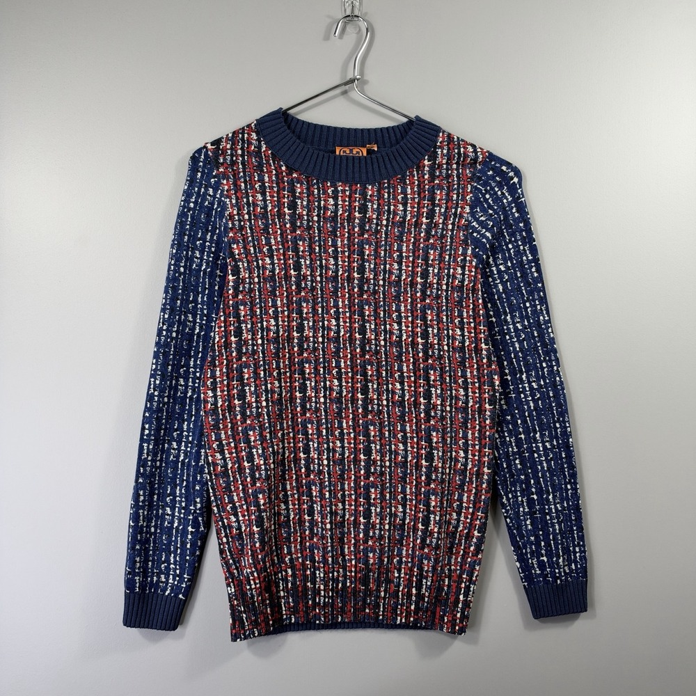 Tory Burch Sweater Womens XS Blue Multicolor Geometric Knit Crewneck Pullover